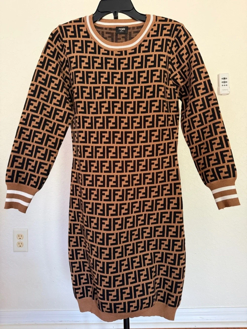 Authentic Fendi Brown & Black FF Logo Knit Dress with Striped Trim size small - Picture 1 of 7